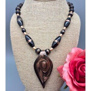 Artisan Art Glass Black & Gold Foil Beaded Statement Teardrop Pendant Necklace